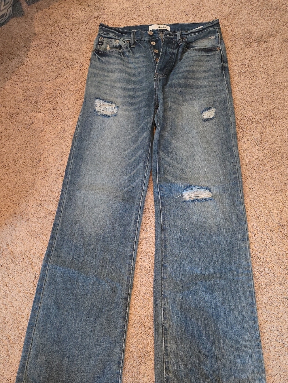 Distressed Button-Fly Wide Leg Jeans - Light Blue